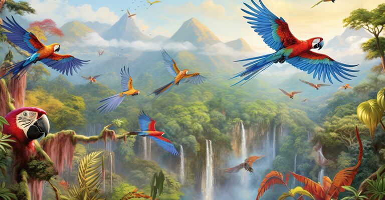  a painting of birds flying over a waterfall in the jungle.  generative ai
