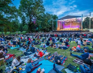 Open-Air Konzert mit begeistertem Publikum im Park Familien und Freunde versammeln sich auf bunten Decken, während sie die Musik eines Orchesters im Freien erleben.