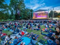 Familien und Freunde versammeln sich auf bunten Decken, während sie die Musik eines Orchesters im Freien erleben.
