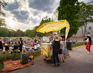 Publikum zur Konzertnacht im Weimarhallenpark Ein Eisstand und dahinter Menschen, die während eines Konzerts auf der Wiese sitzen.