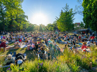 Konzertnacht Bella Italia Eine große Menschenmenge sitzt auf einer Wiese im Weimarhallenpark, umgeben von Bäumen, während die Sonne strahlend am Himmel aufgeht.